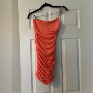 Oh Polly coral pink ruched bodycon dress